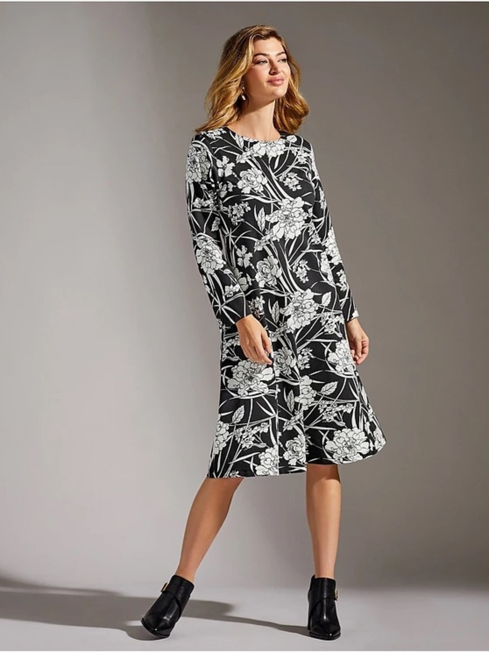 Bryn WALKER Black & White Floral Long-Sleeve A-Line Dress